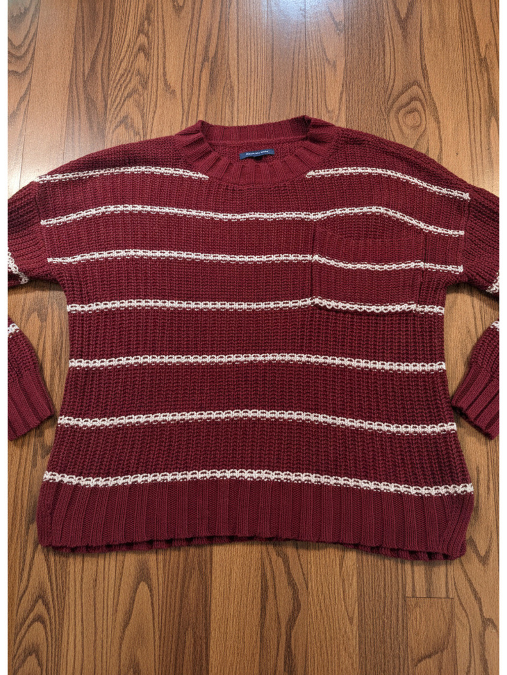 American Eagle Burgundy and White Striped Knit Sweater Size Small